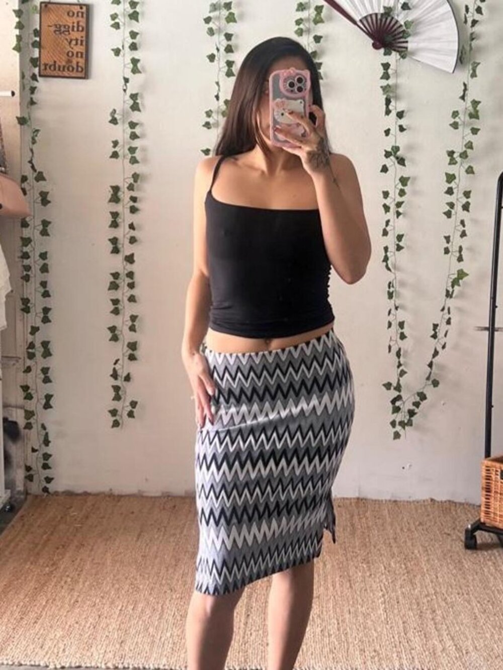 Y2K Eye Candy knit pencil skirt with a black, gray, and white zigzag pattern S